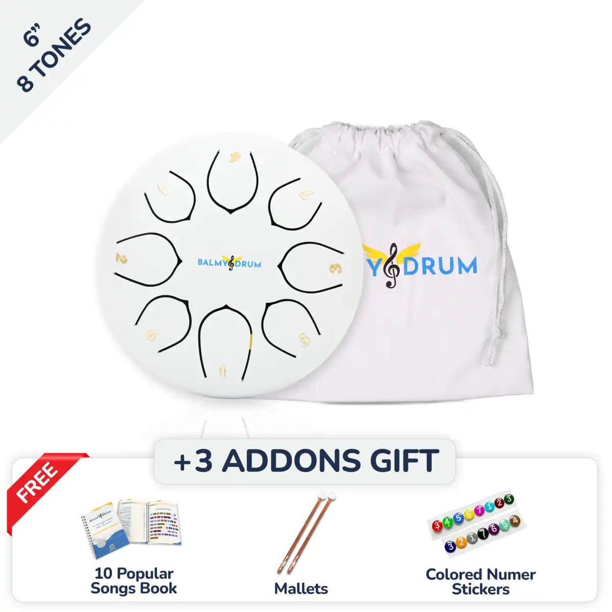A 6-inch 8-tone steel drum set shown with its white drawstring bag, plus promotional text and gift items including a songs book, mallets, and colored numerals. The product is branded with 'Balmy Drum'.